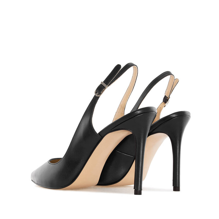 Fine Toe Slingback Shoes in Black Leather 