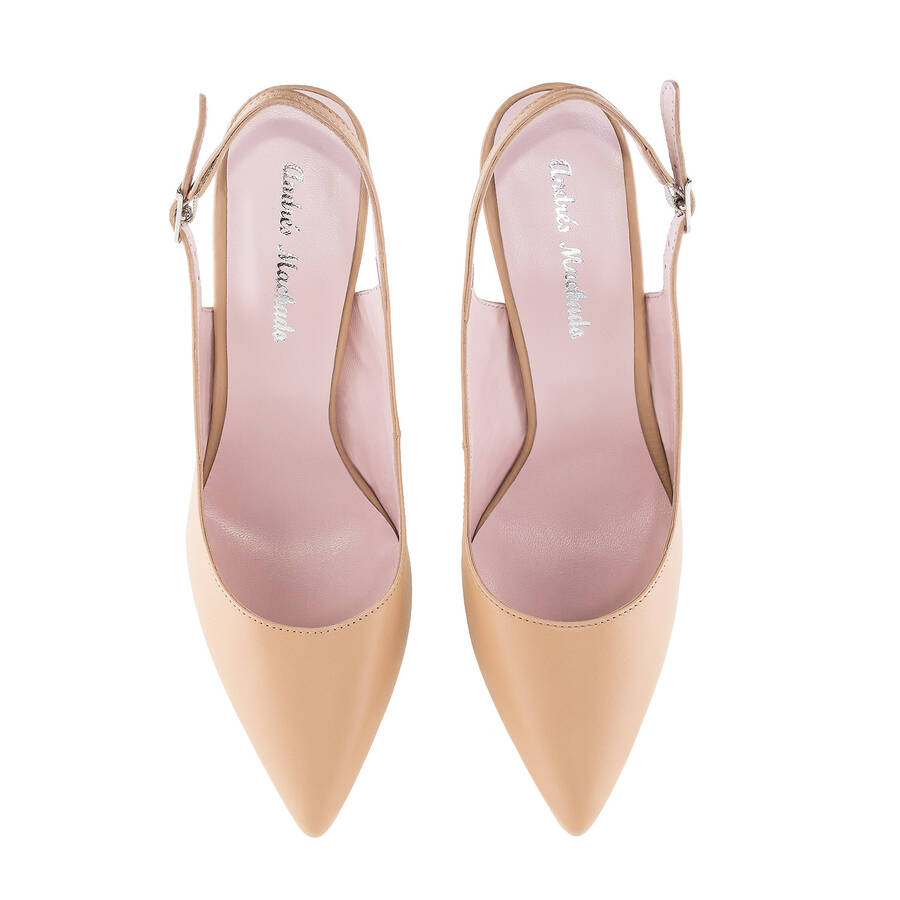 Fine Toe Slingback Shoes in Beige Leather 