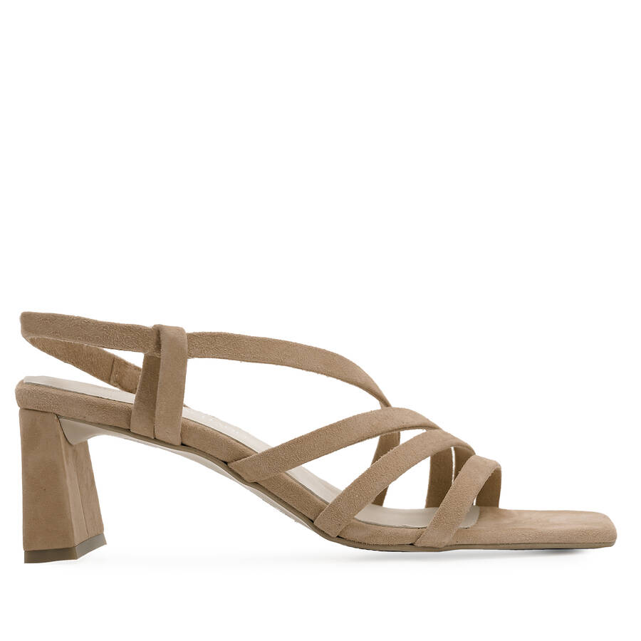 Strapped Sandals in Camel Split Leather and Square Toe 