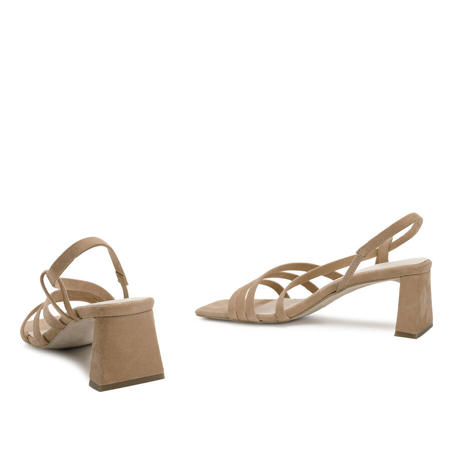 Strapped Sandals in Camel Split Leather and Square Toe 