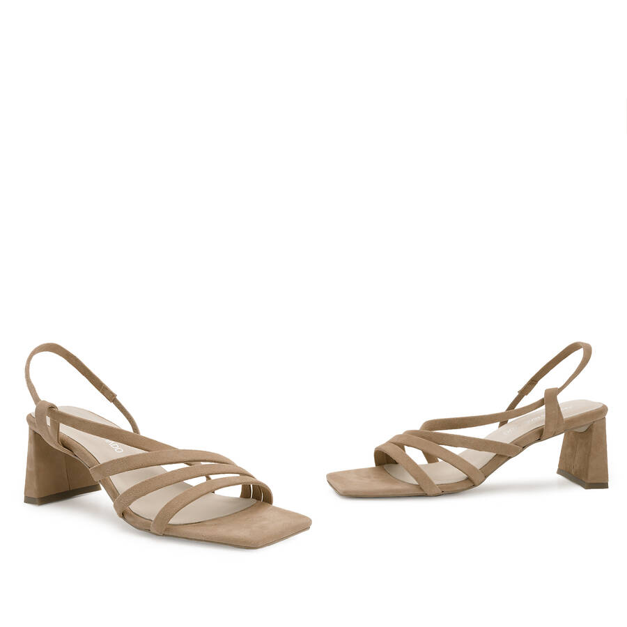 Strapped Sandals in Camel Split Leather and Square Toe 