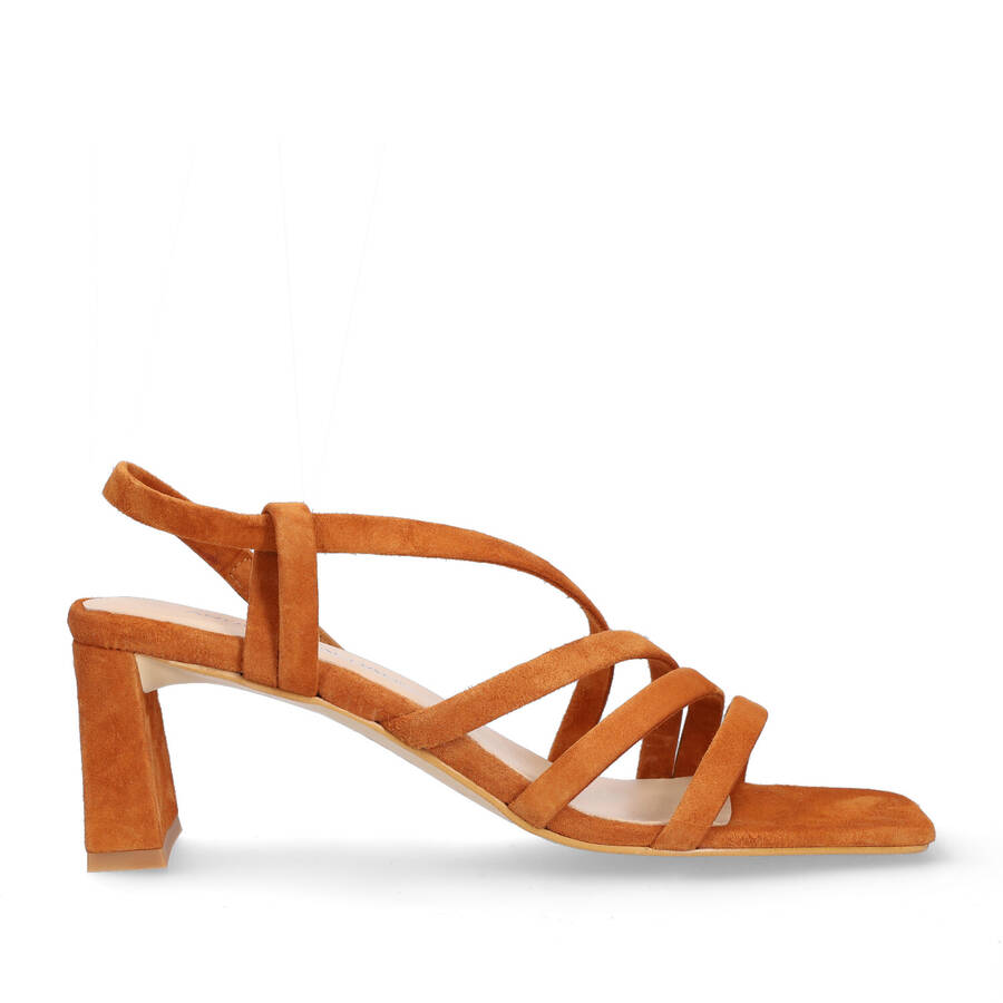 Strapped Sandals in Brown Split Leather and Square Toe 