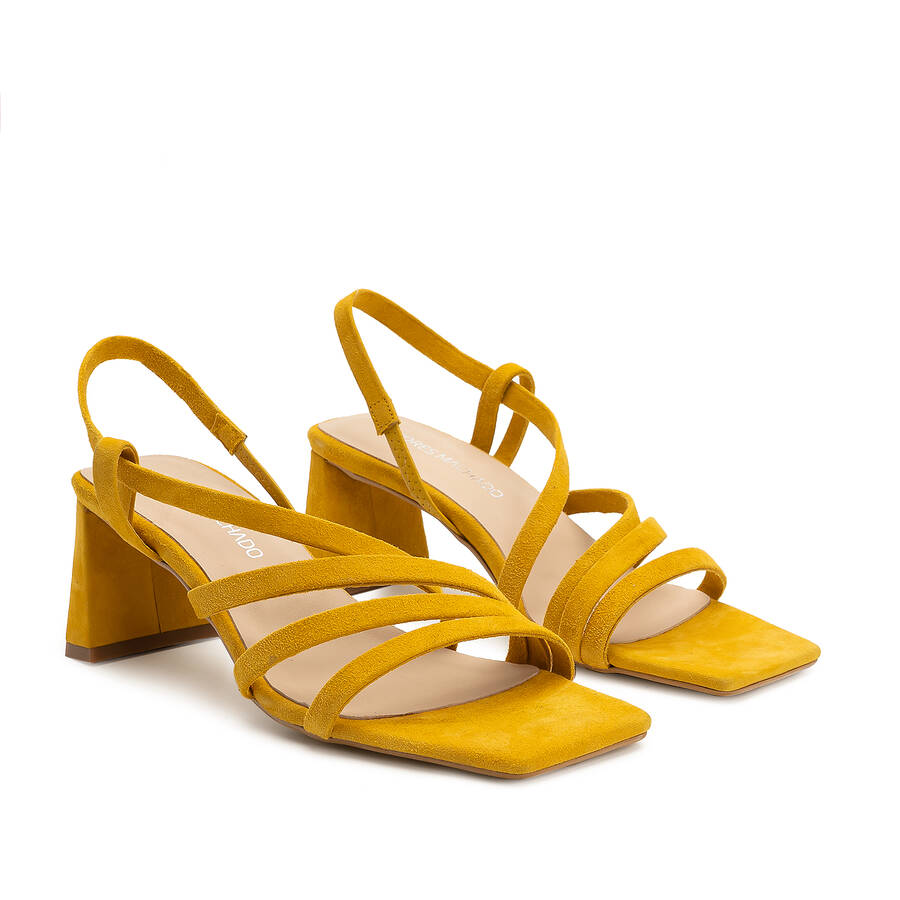 Strapped Sandals in Mustard Split Leather and Square Toe 