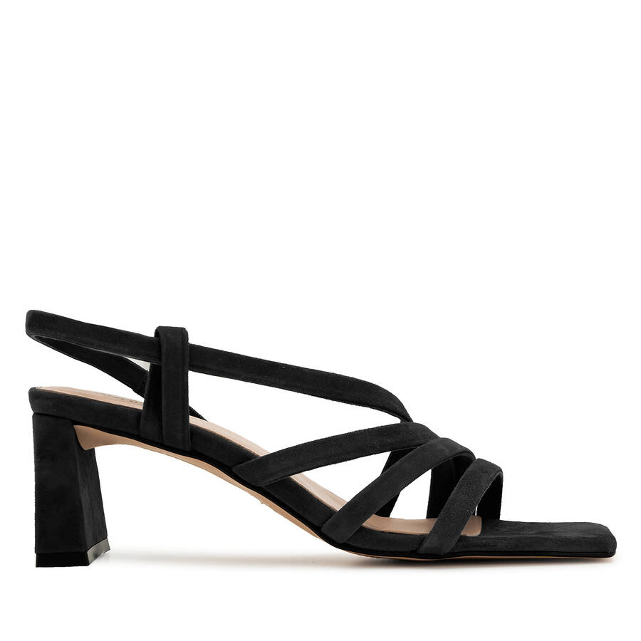 Strapped Sandals in Black Split Leather and Square Toe 