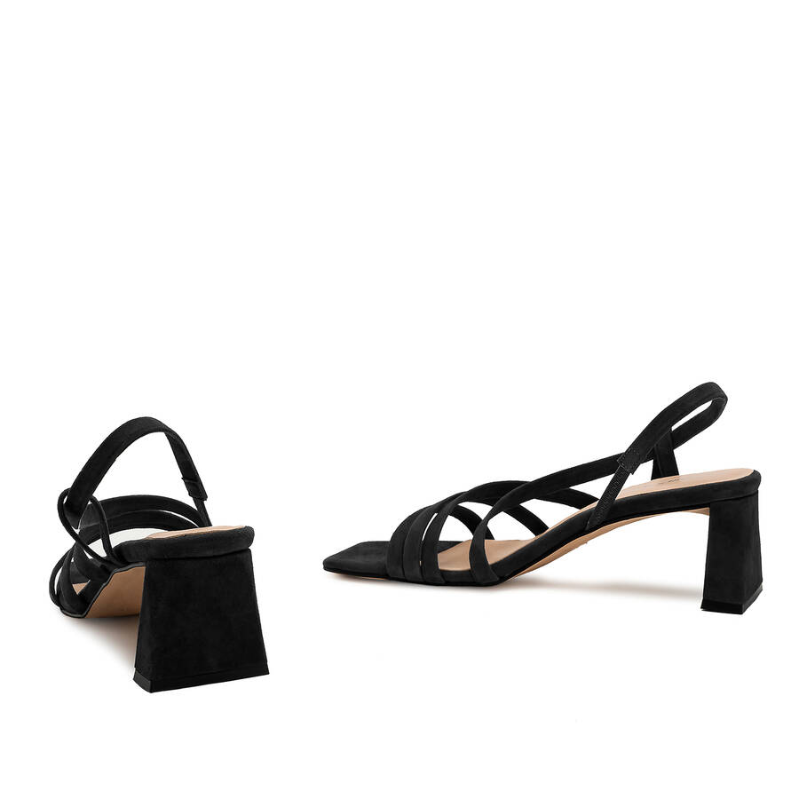 Strapped Sandals in Black Split Leather and Square Toe 