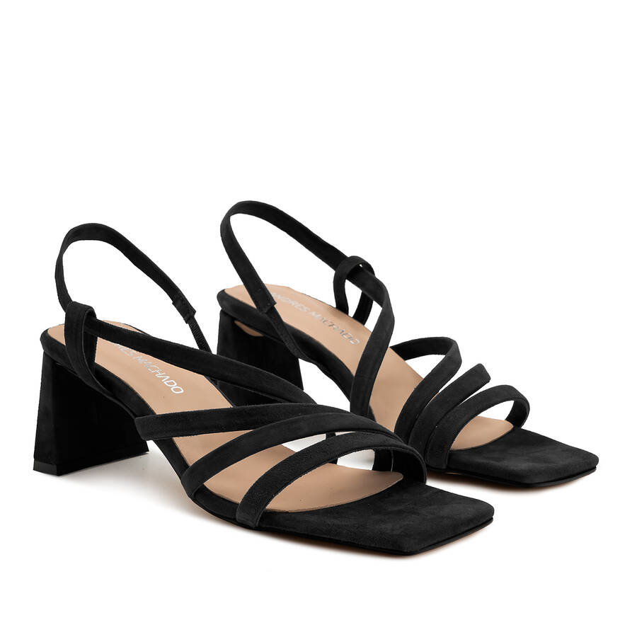 Strapped Sandals in Black Split Leather and Square Toe 