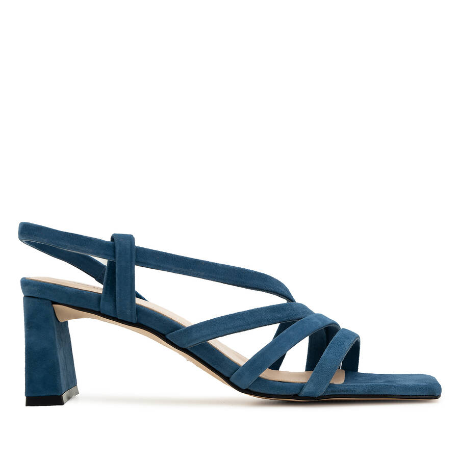 Strapped Sandals in Blue Split Leather and Square Toe 