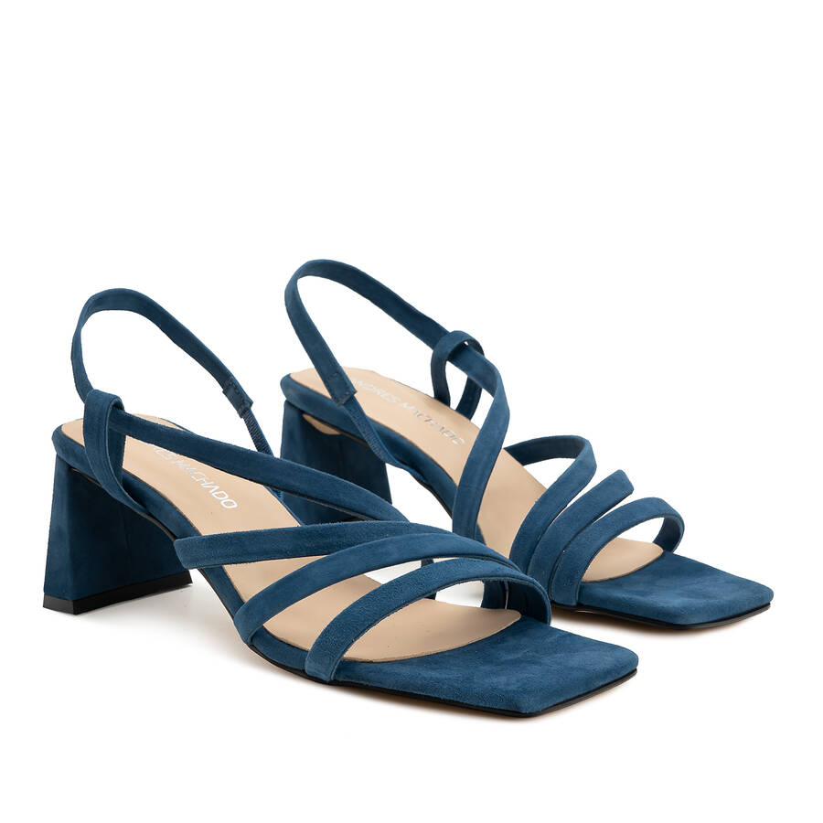 Strapped Sandals in Blue Split Leather and Square Toe 