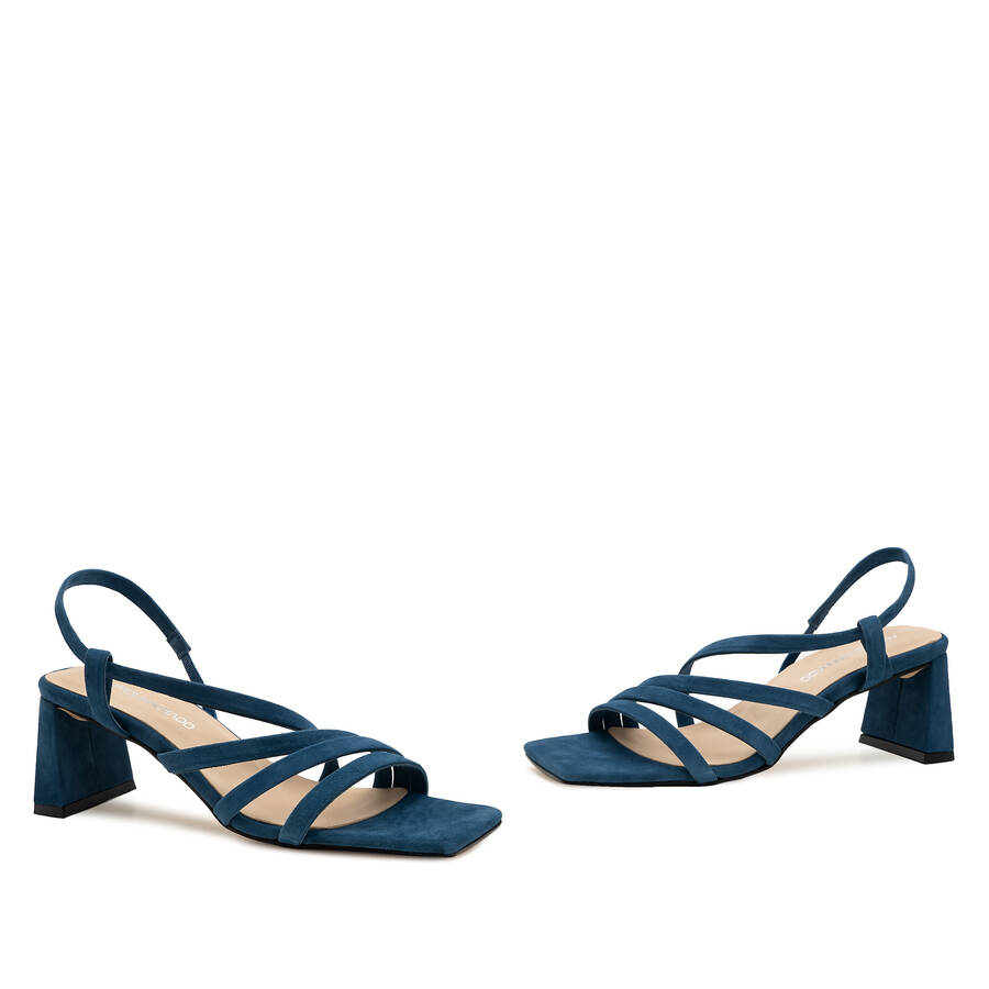 Strapped Sandals in Blue Split Leather and Square Toe 