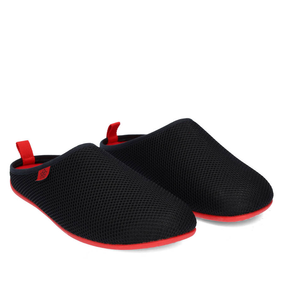 Spring/ Summer Unisex Slippers in Black mesh with Red outsole 