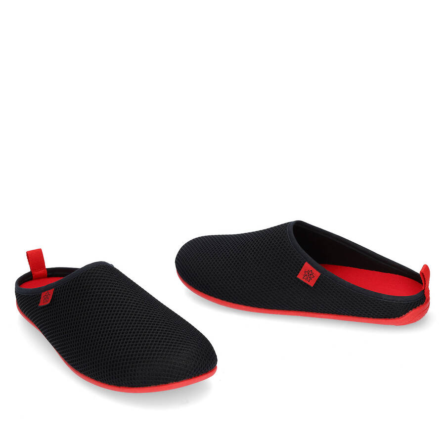 Spring/ Summer Unisex Slippers in Black mesh with Red outsole 