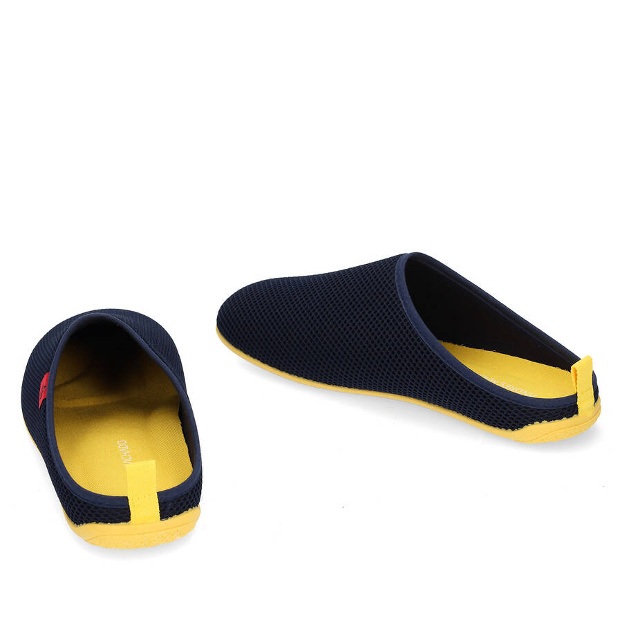 Spring/ Summer Unisex Slippers in Navy mesh with Yellow outsole 