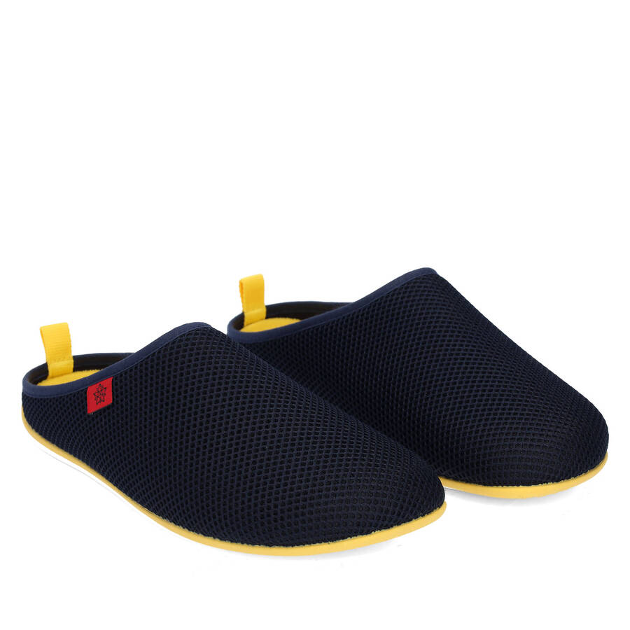 Spring/ Summer Unisex Slippers in Navy mesh with Yellow outsole 