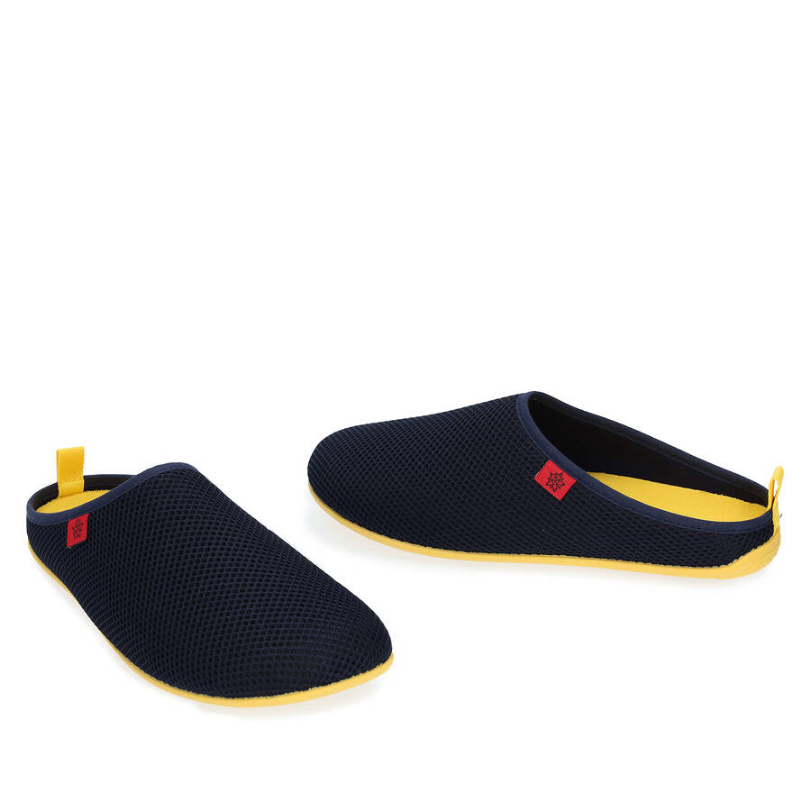 Spring/ Summer Unisex Slippers in Navy mesh with Yellow outsole 