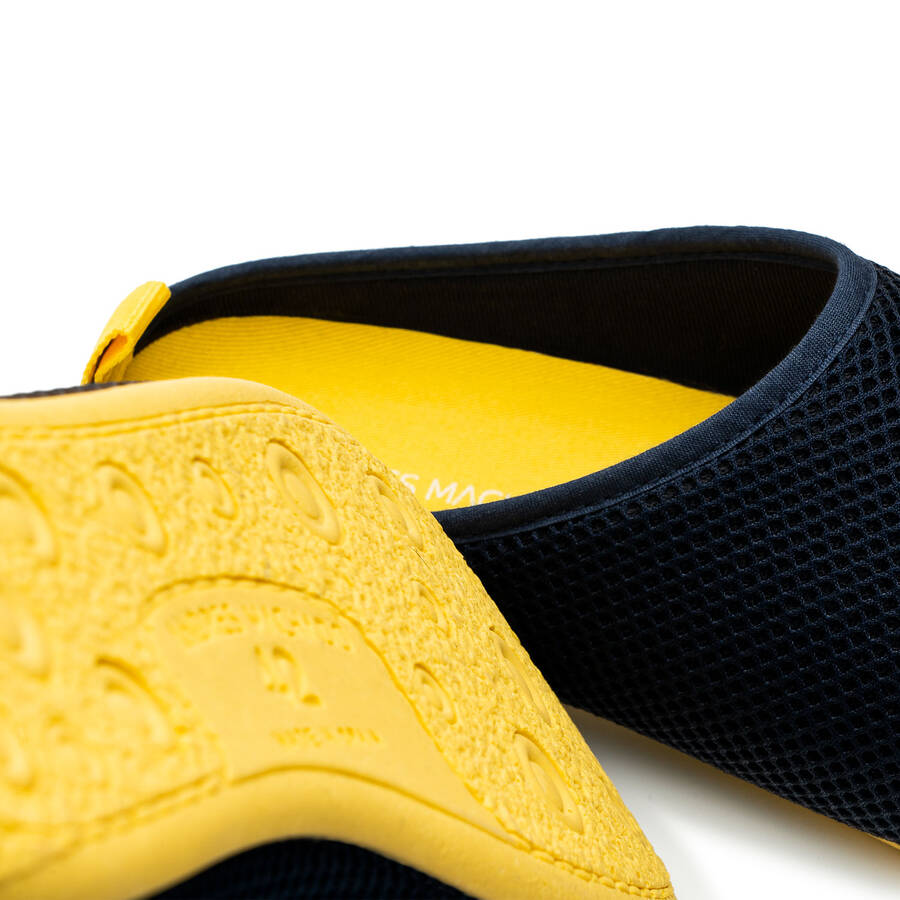 Spring/ Summer Unisex Slippers in Navy mesh with Yellow outsole 