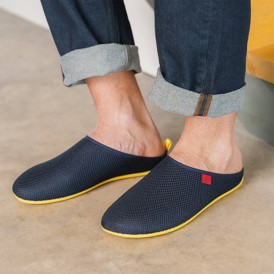 Spring/ Summer Unisex Slippers in Navy mesh with Yellow outsole 