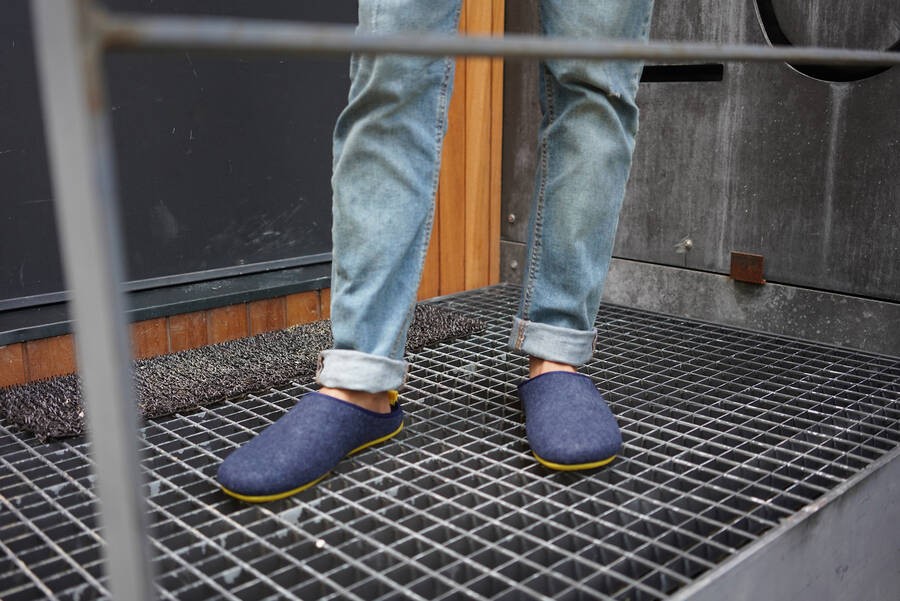 Unisex Slippers in Blue felt with Yellow sole 