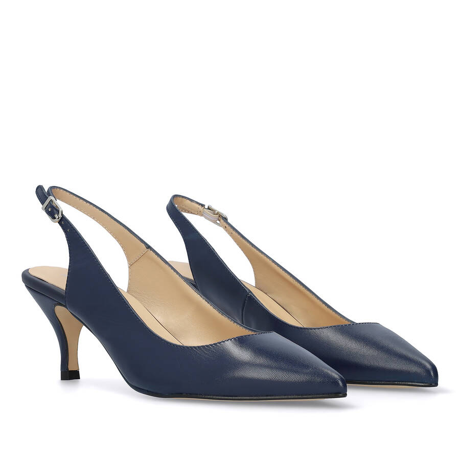 Fine Toe Slingback Shoes in Navy Leather 