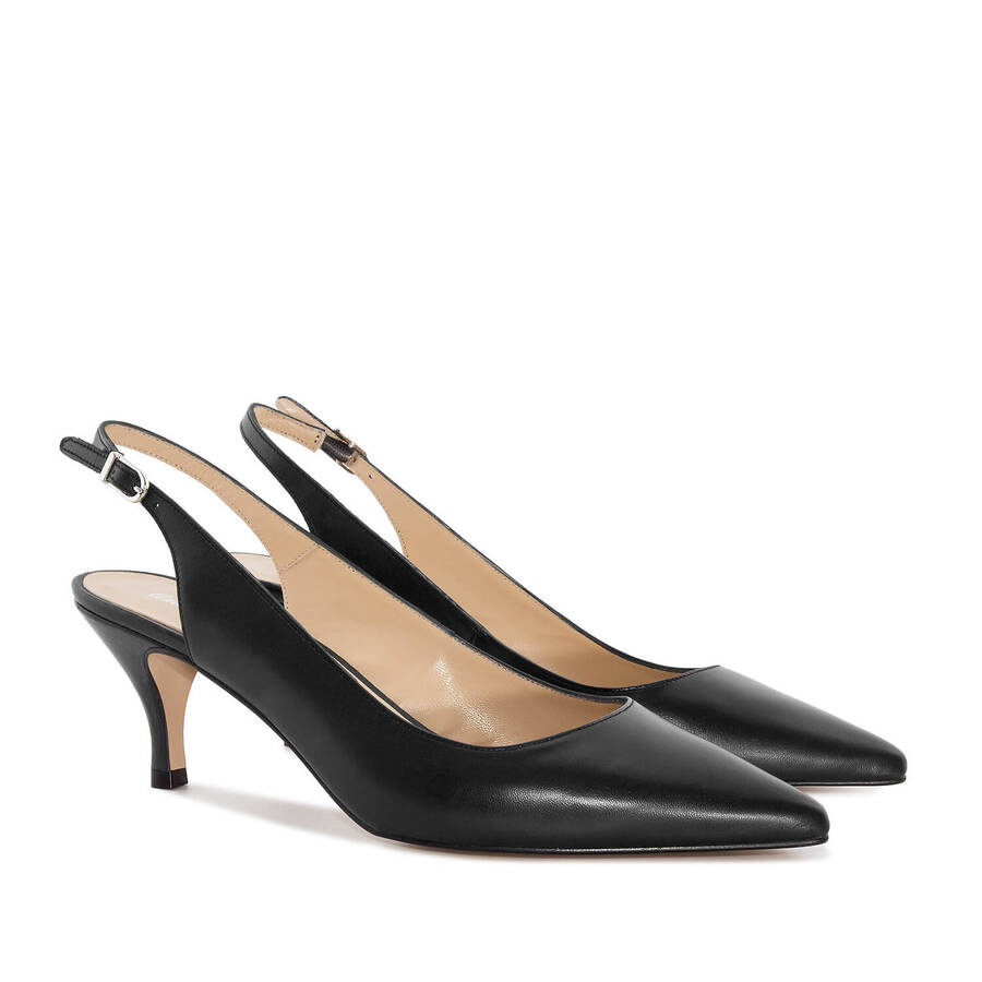 Fine Toe Slingback Shoes in Black Leather 