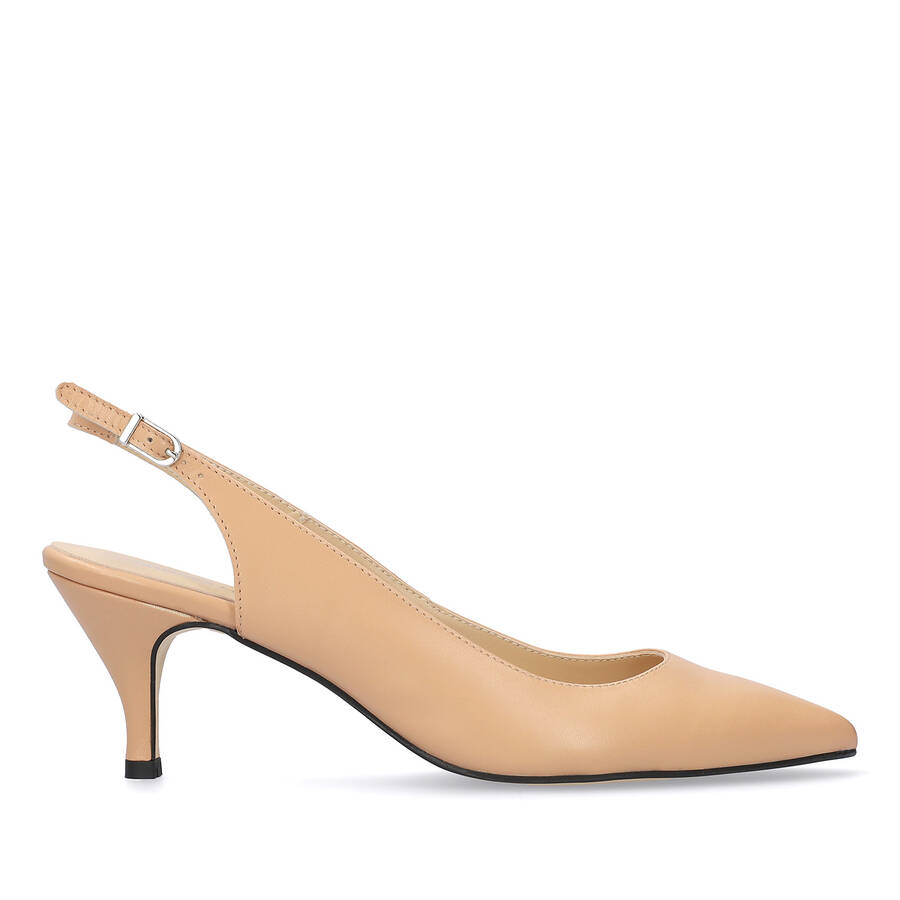 Fine Toe Slingback Shoes in Beige Leather