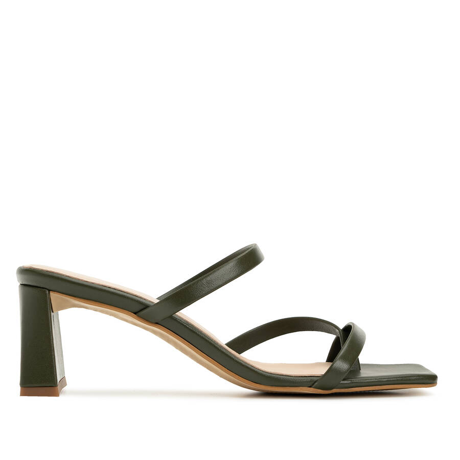 Heeled Mules in Kaki Leather with Square Toe 