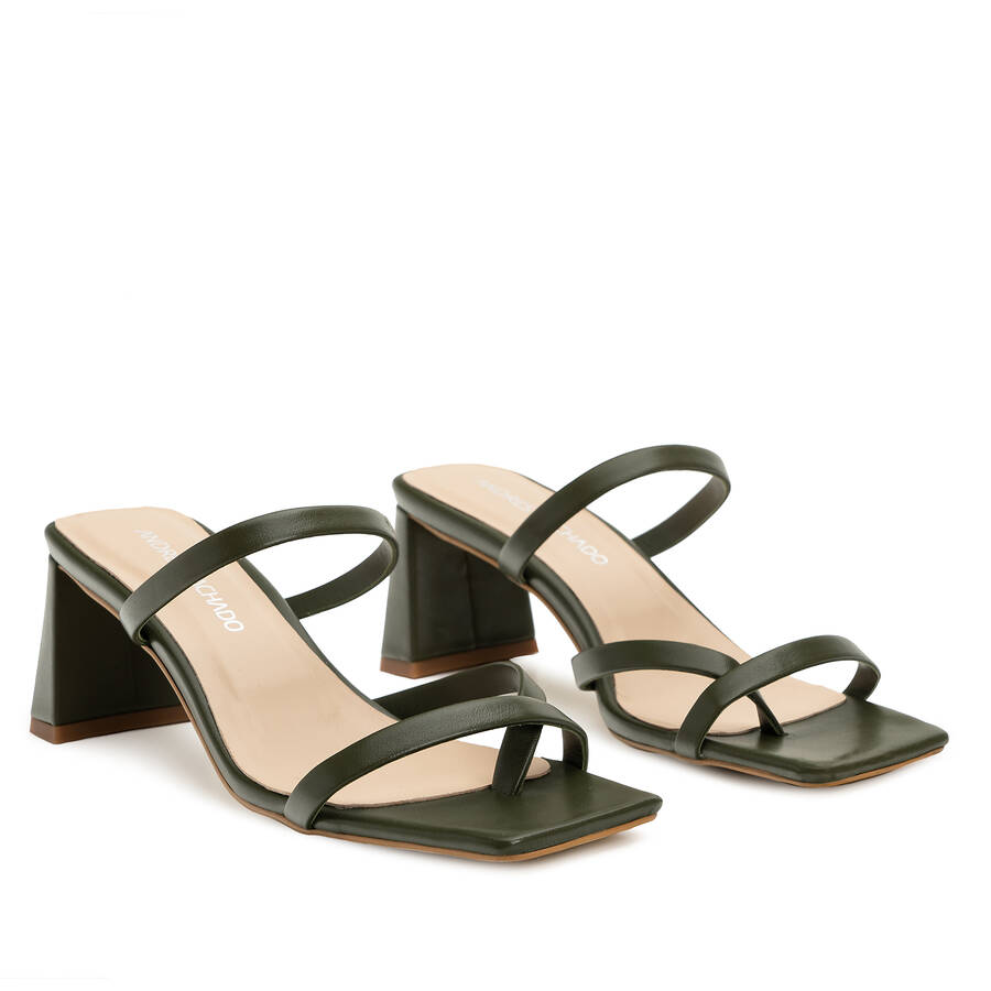 Heeled Mules in Kaki Leather with Square Toe 