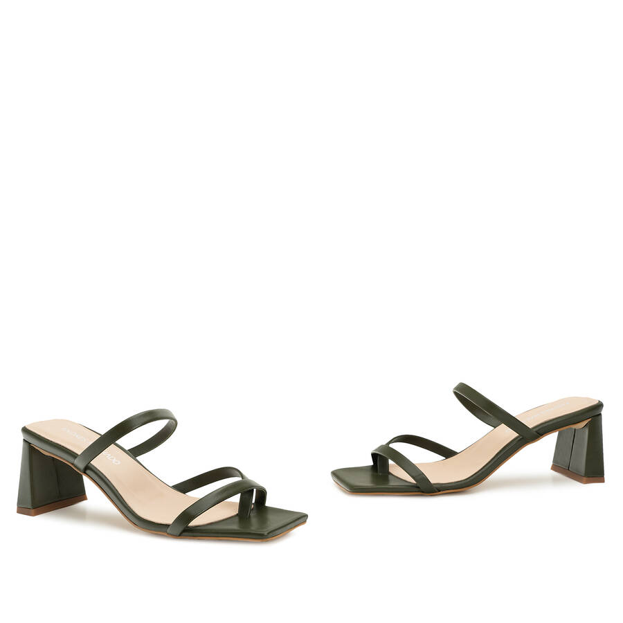 Heeled Mules in Kaki Leather with Square Toe 