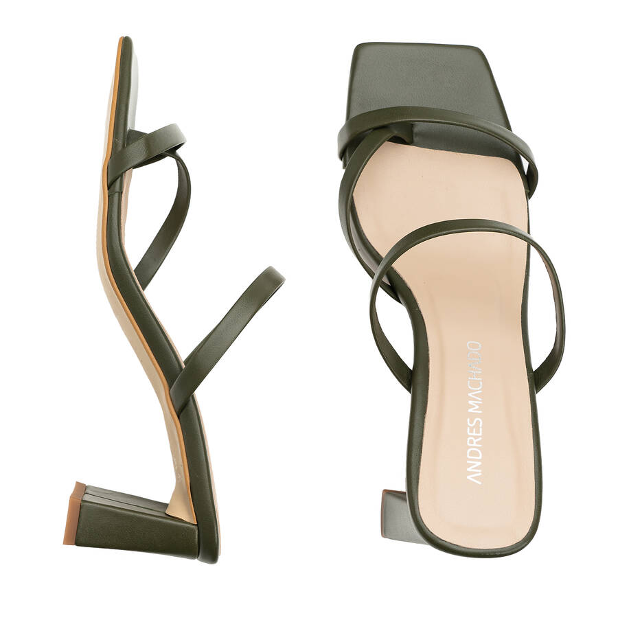 Heeled Mules in Kaki Leather with Square Toe 