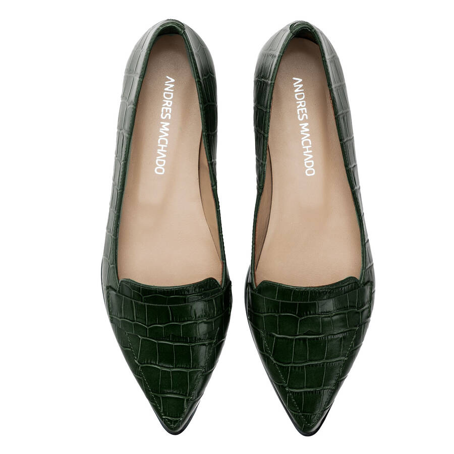 Pointed Toe Loafers in Green Croc 