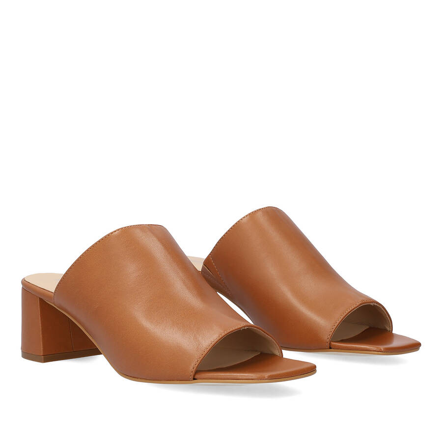 Brown leather heeled mules 