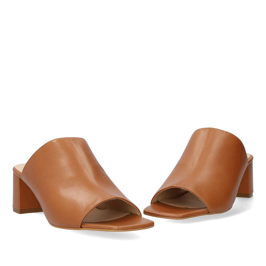 Brown leather heeled mules 