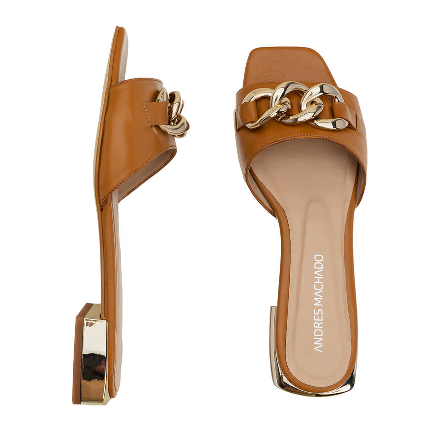 Flat Sandal in Camel Leather and Chain Detail 