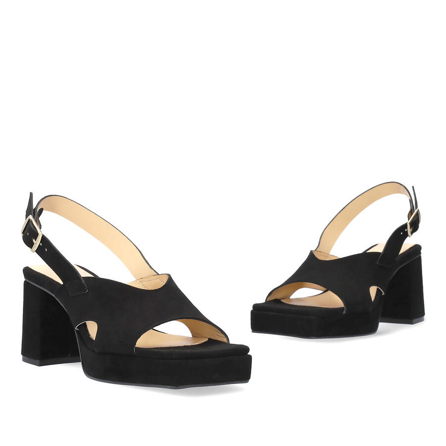 Heeled black suede sandals with platform 