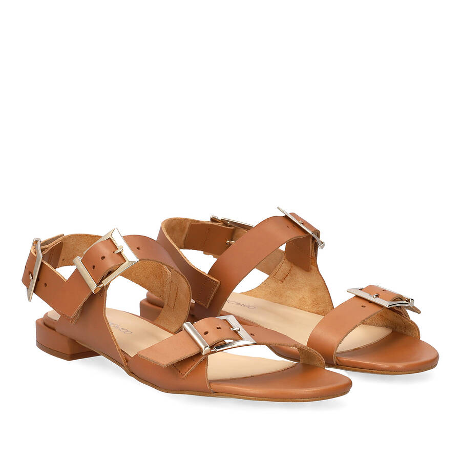 Flache Sandale aus Leder Camel 