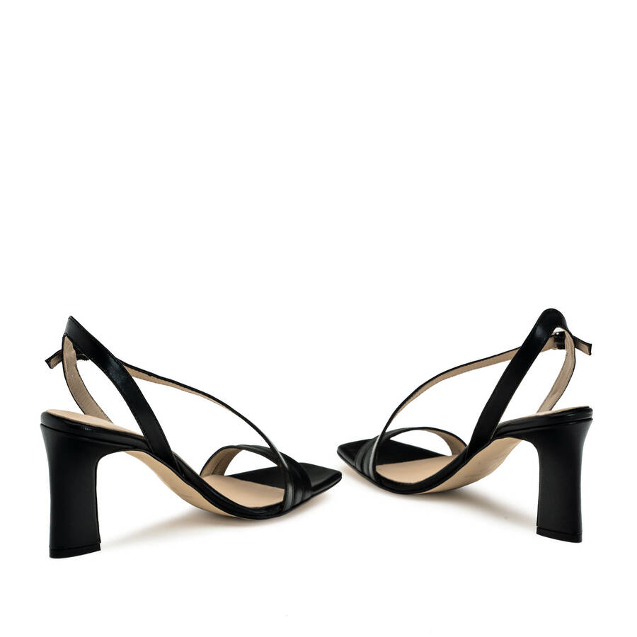 Crossover Heeled Sandals in Black Leather 