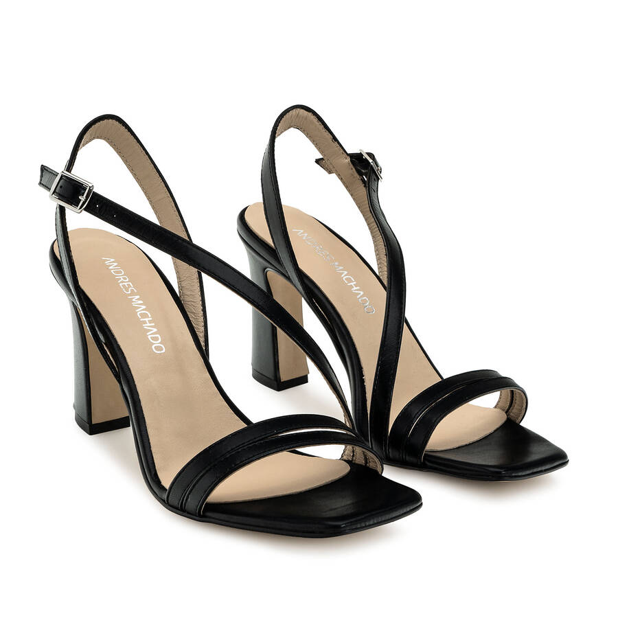 Crossover Heeled Sandals in Black Leather 