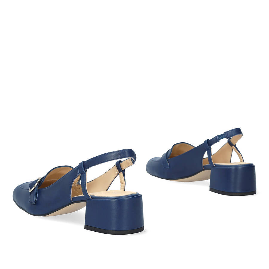 Heeled slingback loafers in navy leather 