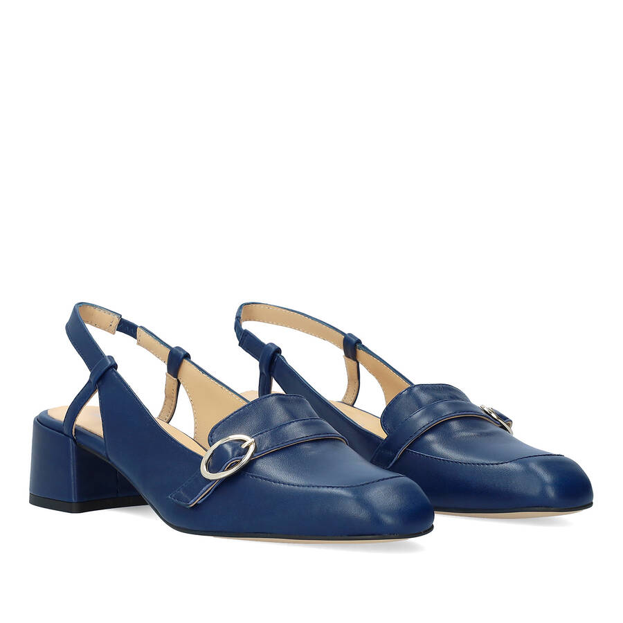 Heeled slingback loafers in navy leather 