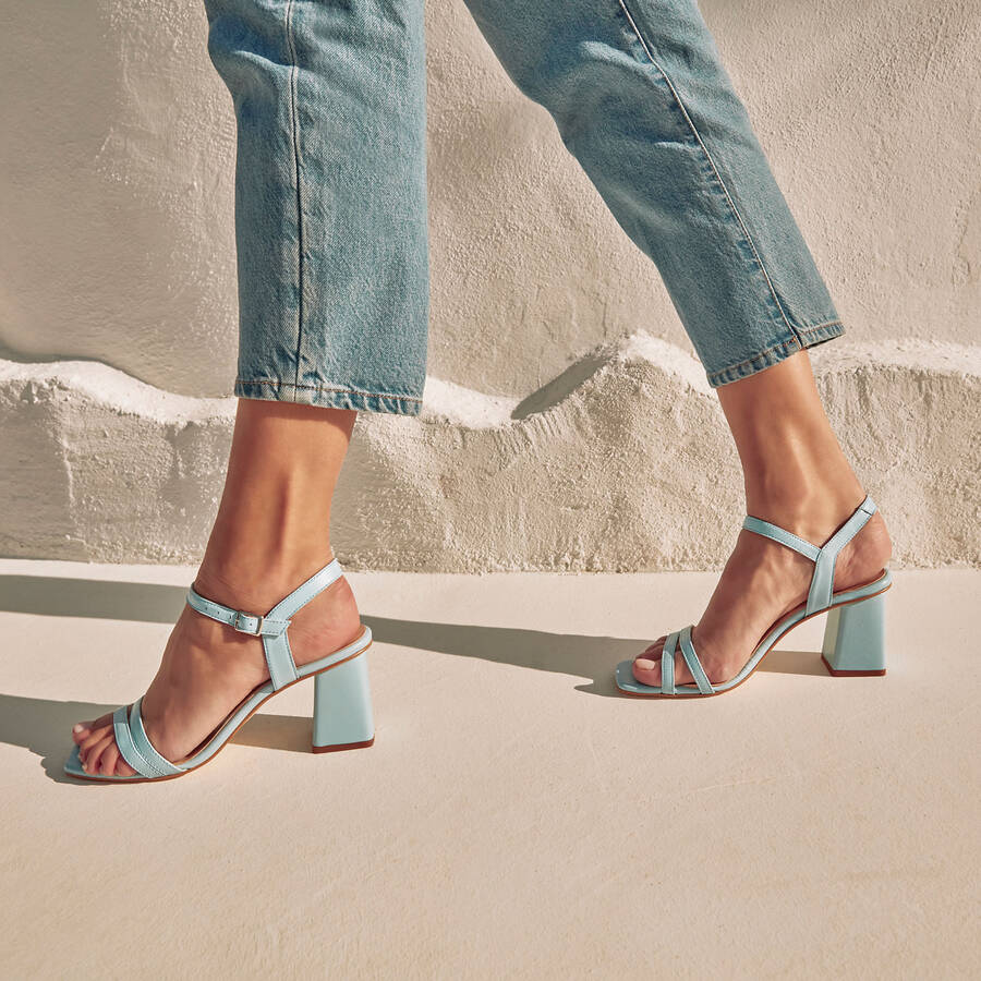 Ankle Block Heel Sandals in Sky Blue Leather 