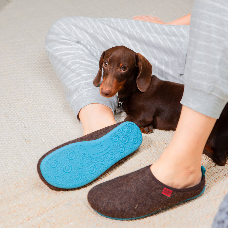 Unisex Brown Felt Slippers with Blue sole 