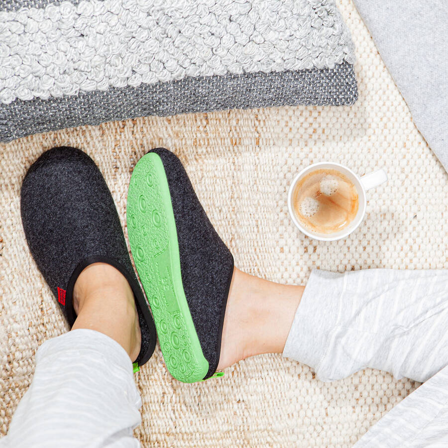 Unisex Black Felt Slippers with Green sole 