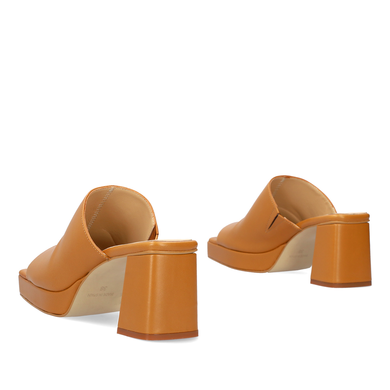 Heeled mules with platform in camel leather 