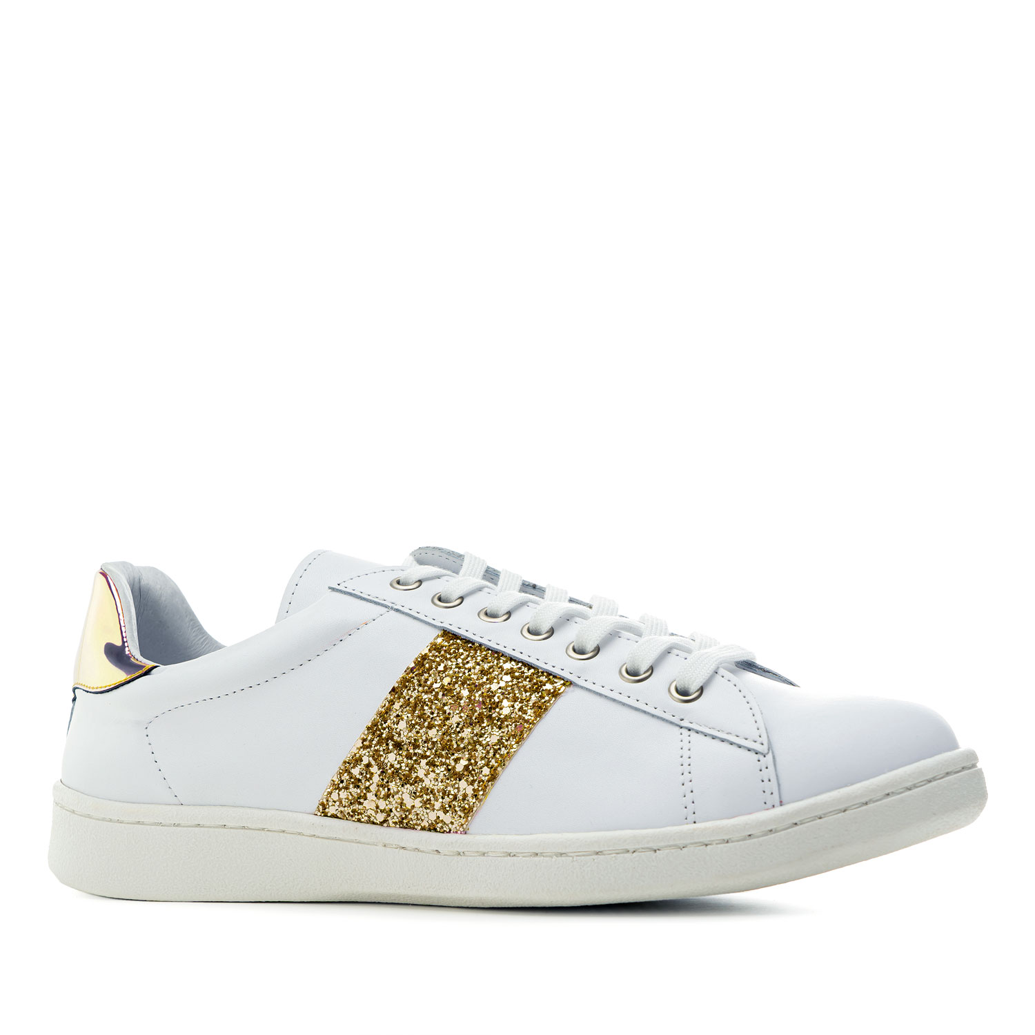 Trainers in White Leather with Gold Glitter Straps