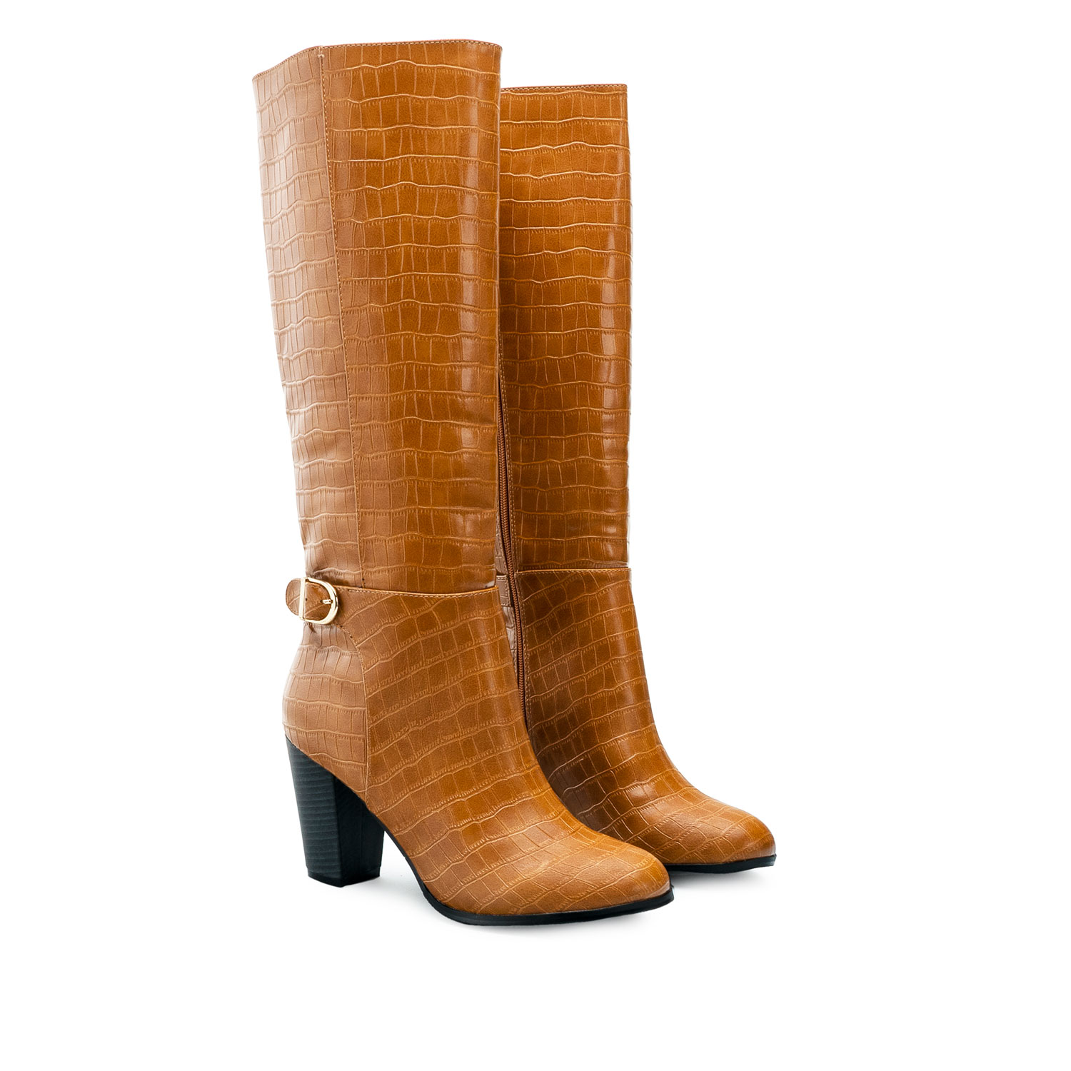 Buckled Boots in Camel-coloured Croc 