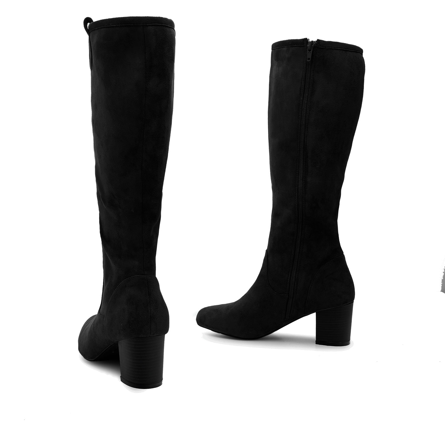High Calf Boots in Black Suedette 