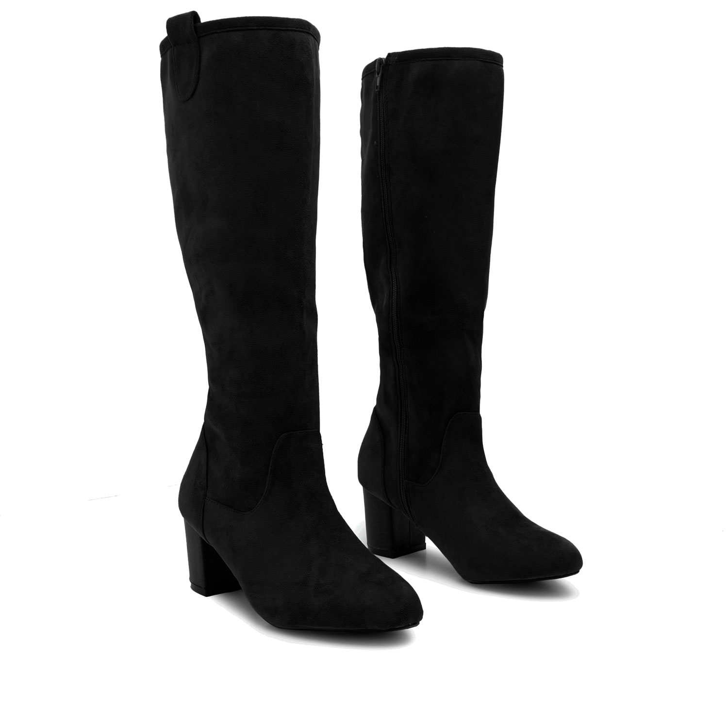 High Calf Boots in Black Suedette 