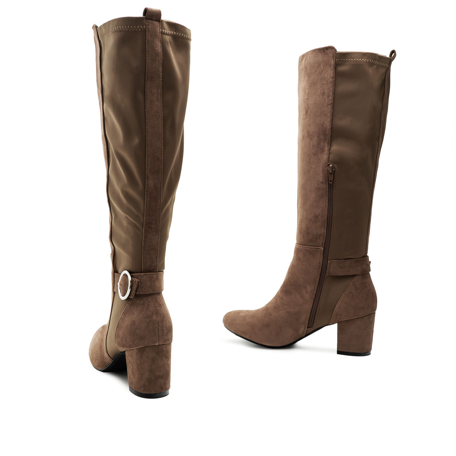 Mid-Calf Buckled Boots in Taupe Suedette with Lycra 