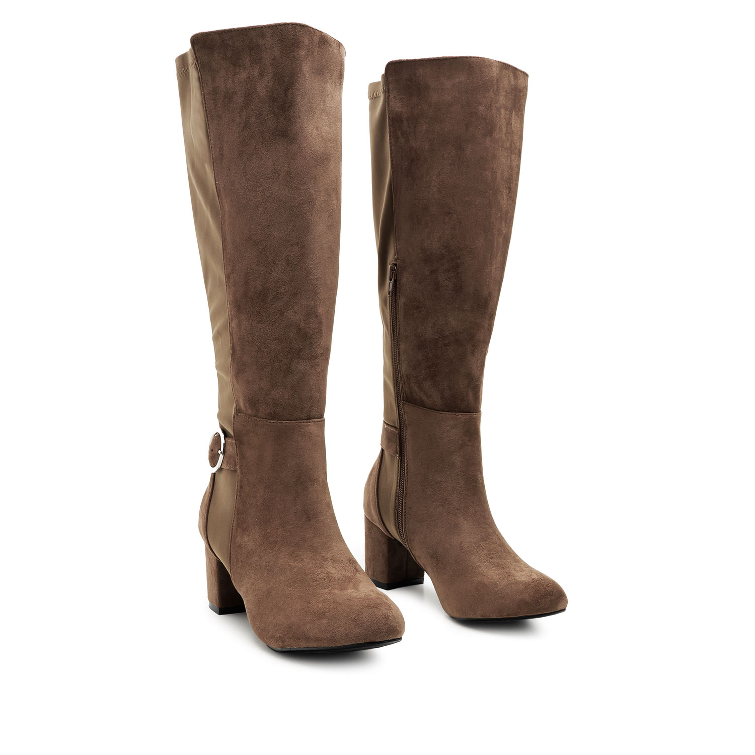Mid-Calf Buckled Boots in Taupe Suedette with Lycra 