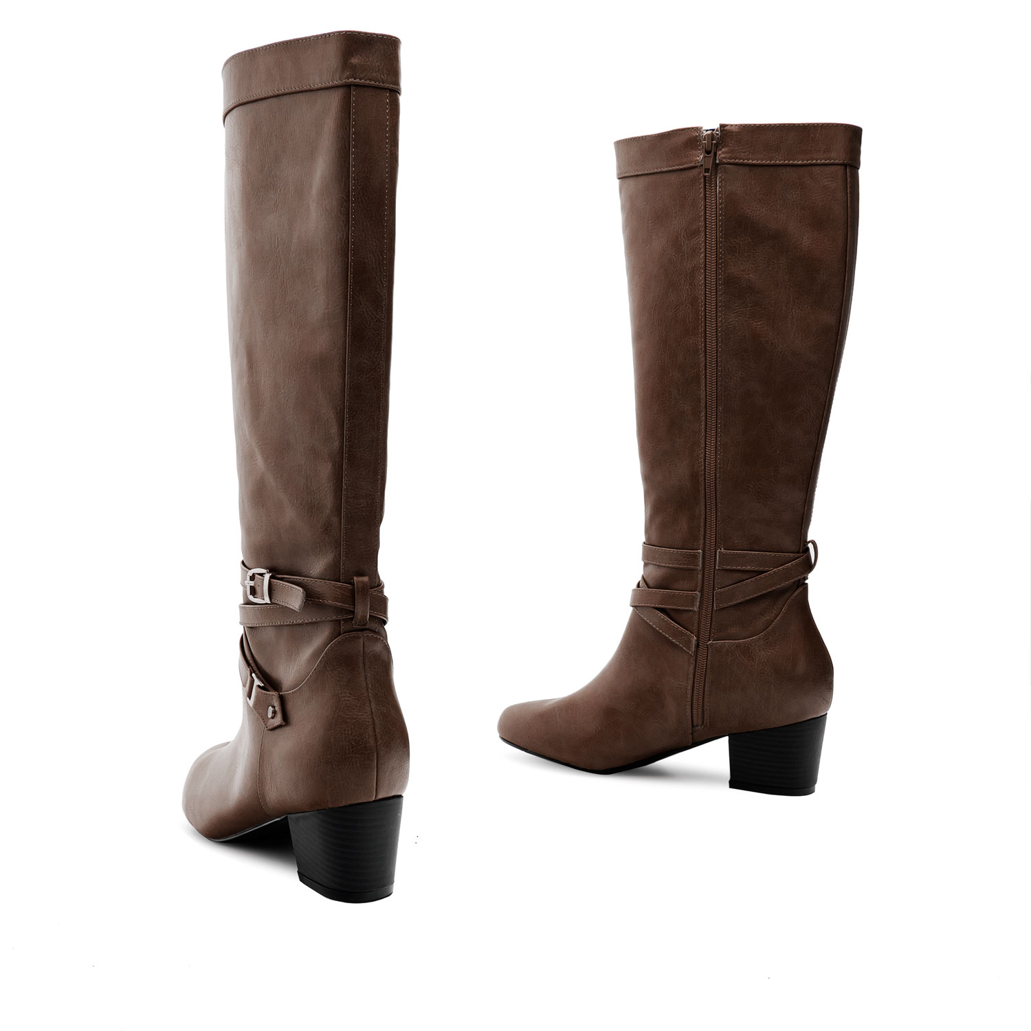 2-Buckled Boots in Brown Faux Leather 