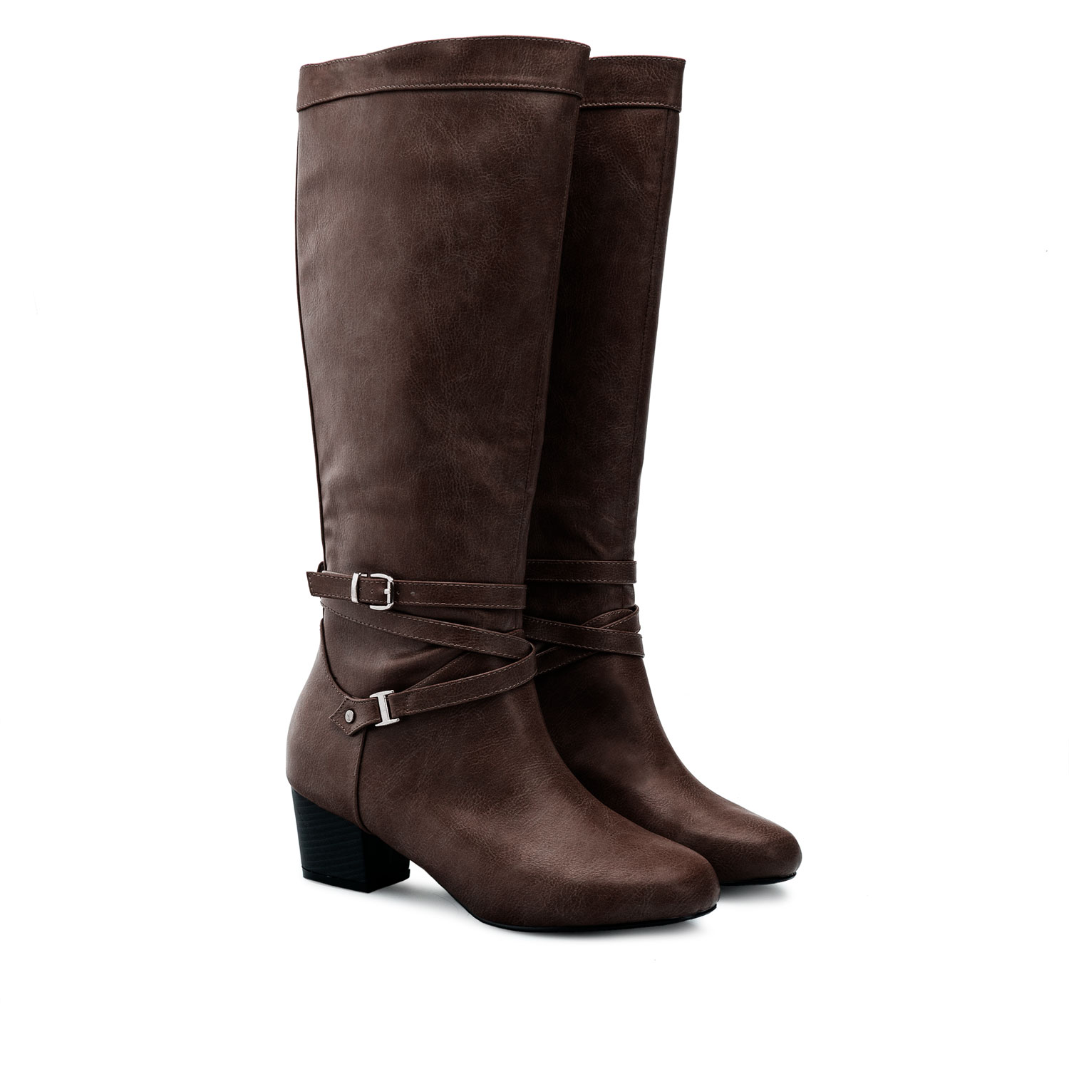 2-Buckled Boots in Brown Faux Leather 